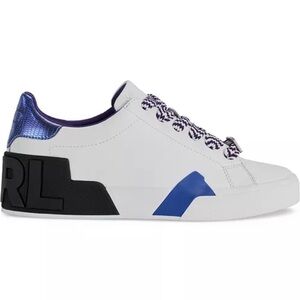 Karl Lagerfeld White Leather Sneakers Purple Accents Sz 7.5